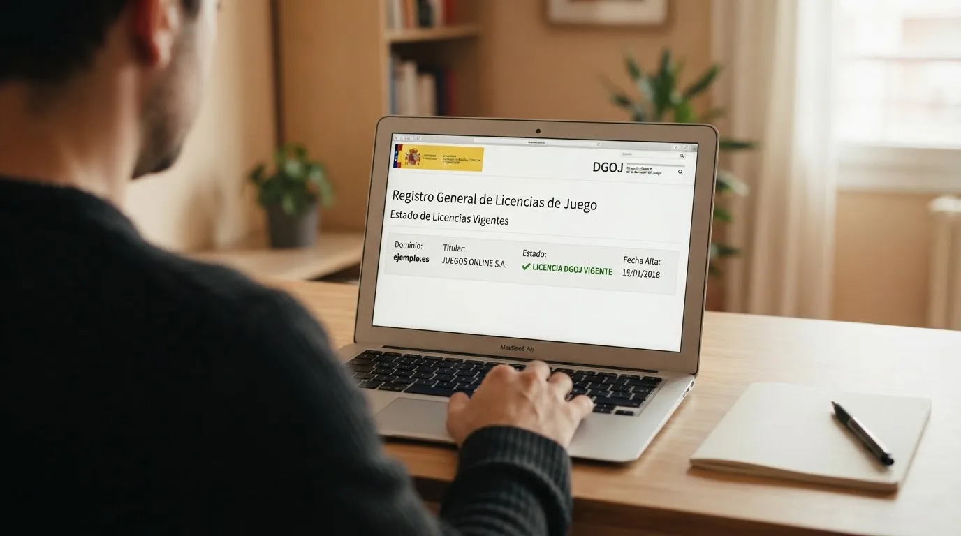 Captura de pantalla del registro oficial de la DGOJ en ordenacionjuego.es, mostrando un ejemplo de operador con licencia vigente y dominio .es