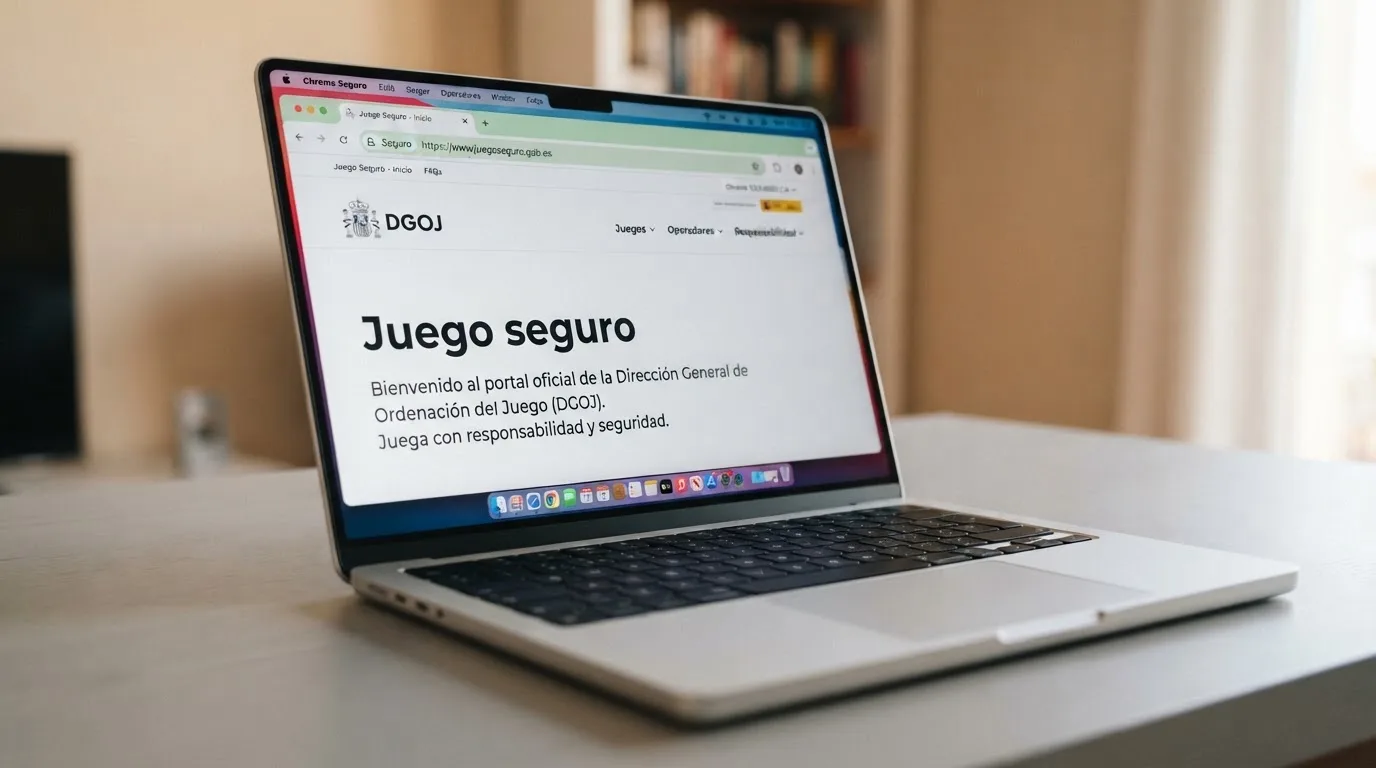 Primer plano del sello de la Dirección General de Ordenación del Juego sobre el dominio .es de un operador autorizado, con el texto «Juego seguro» y el icono oficial de la DGOJ visibles