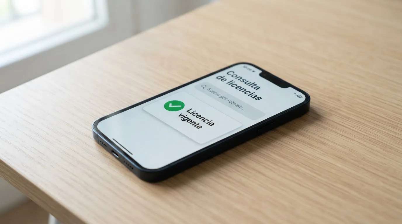 La página de consulta de licencias de la DGOJ en la pantalla de un teléfono, con el campo de búsqueda del operador y el resultado de una licencia vigente visible.