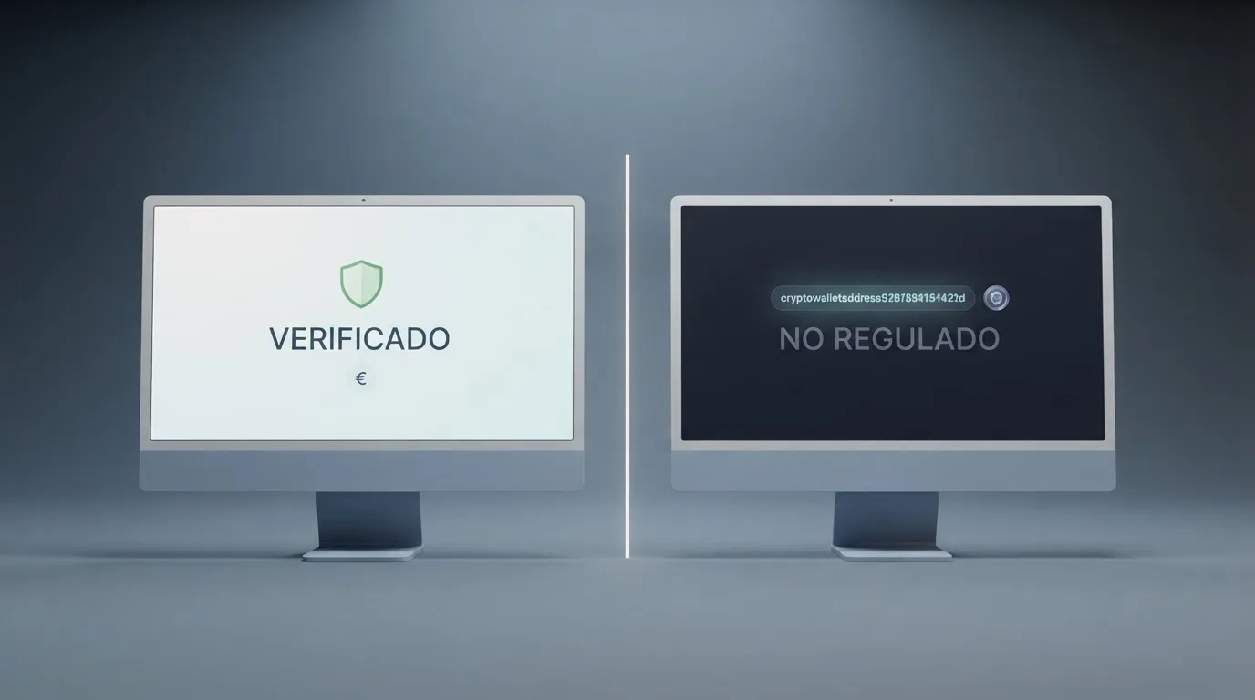 Logotipo de la DGOJ junto a una pantalla dividida: a la izquierda un casino con dominio .es y métodos de pago bancarios, a la derecha un casino cripto con monedero TRX