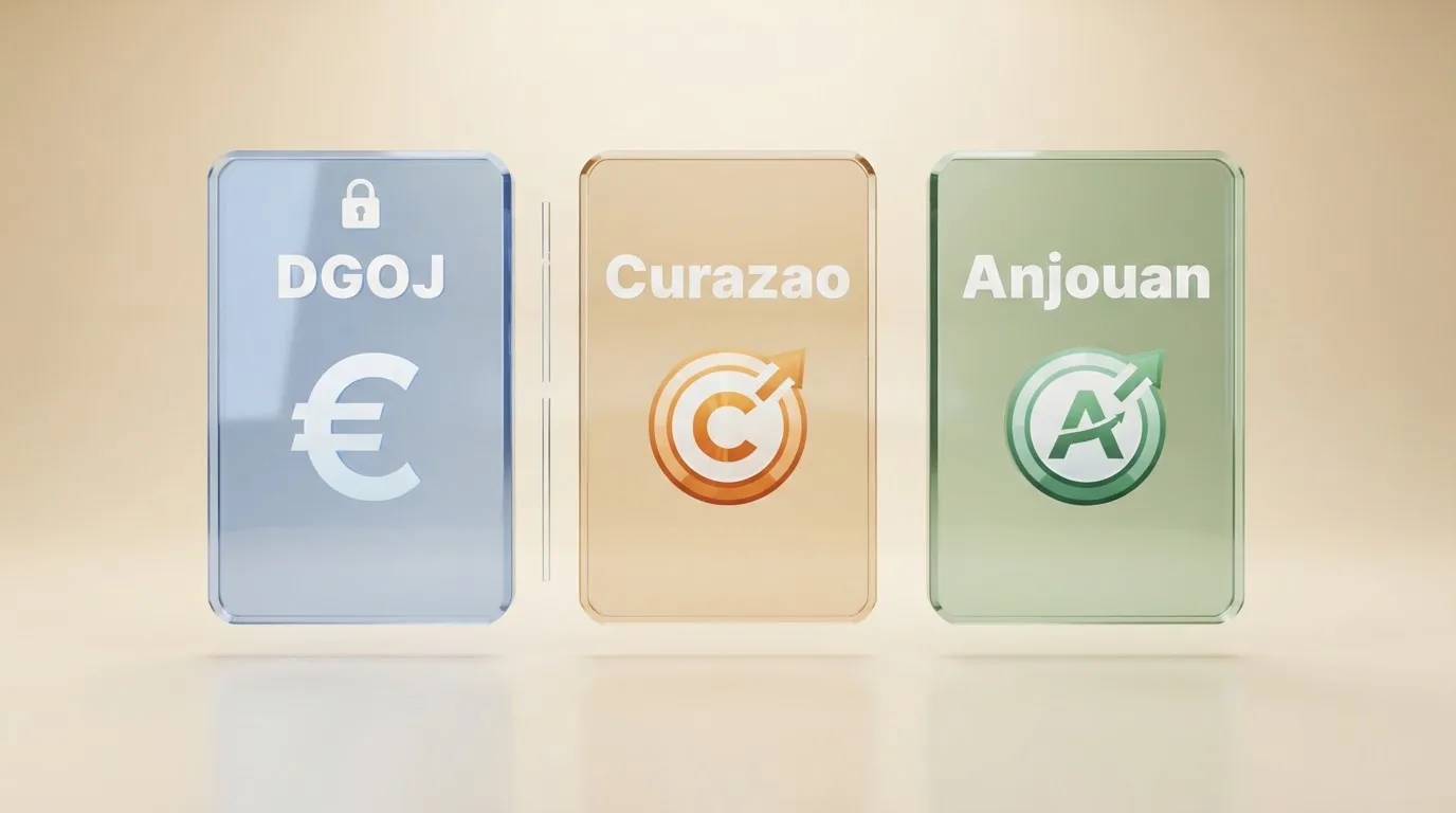 Mapa conceptual con tres columnas: casinos DGOJ (euros, sin cripto), casinos Curazao (BCH aceptado), casinos Anjouan (BCH aceptado), con una separación clara entre el marco regulado español y las jurisdicciones offshore