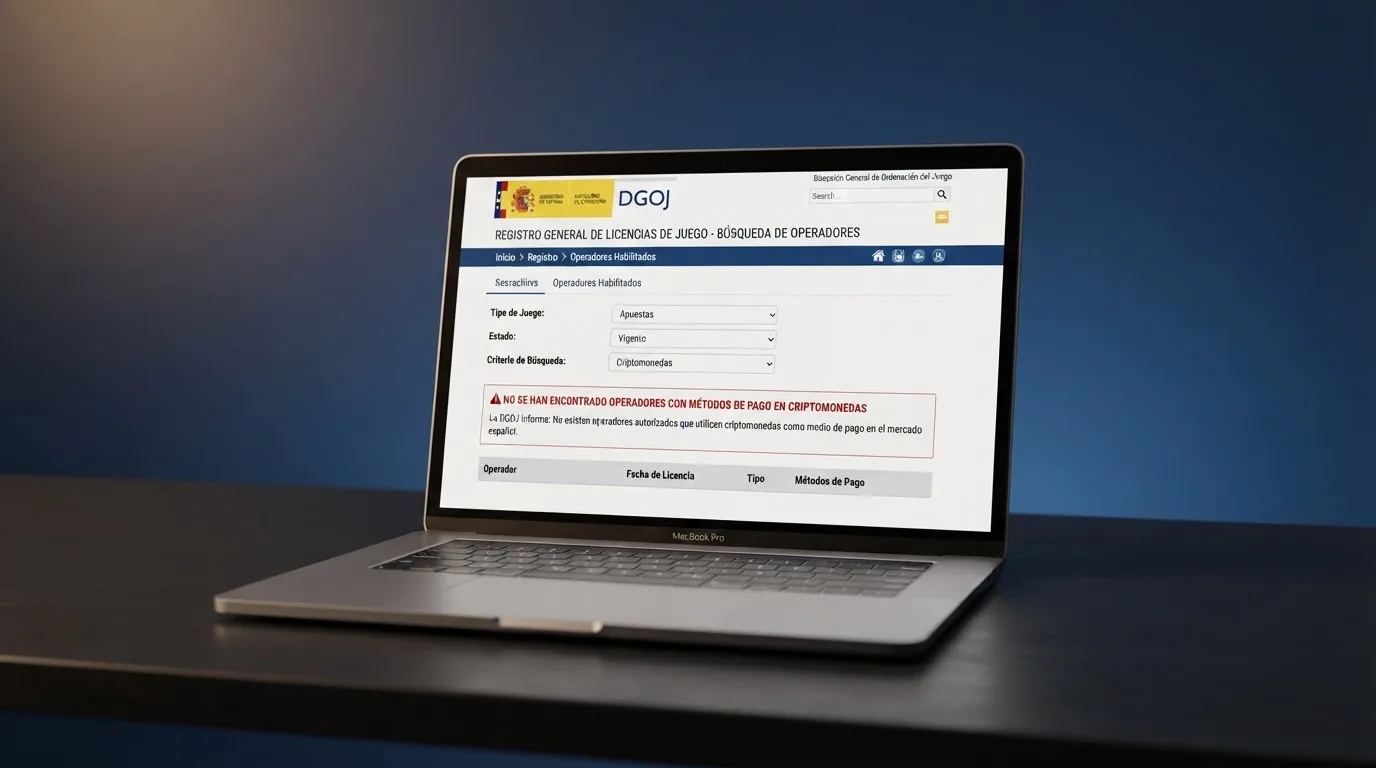Captura del registro público de operadores con licencia en la web de la DGOJ, sin resultados para criptomonedas