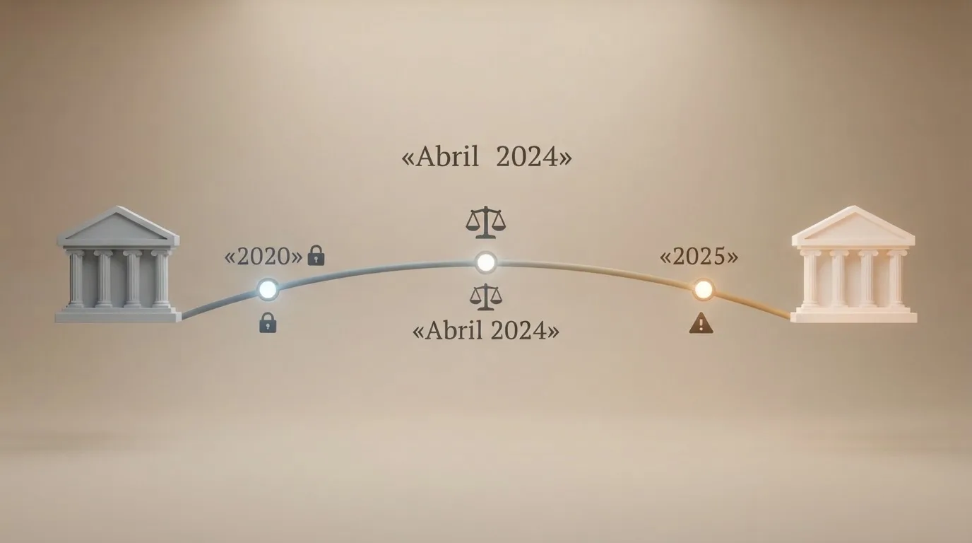 Línea de tiempo visual: 2020 (RD 958/2020 prohibe bonos) → abril 2024 (el Supremo los restaura) → 2025 (el Ministerio propone volver a prohibirlos), con los edifcios del Tribunal Supremo y del Ministerio en los extremos.