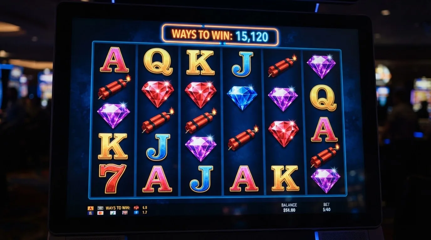Primer plano de la interfaz de un slot Megaways con los6 carretes mostrando entre2 y7 símbolos cada uno y el contador de formas de ganar activo