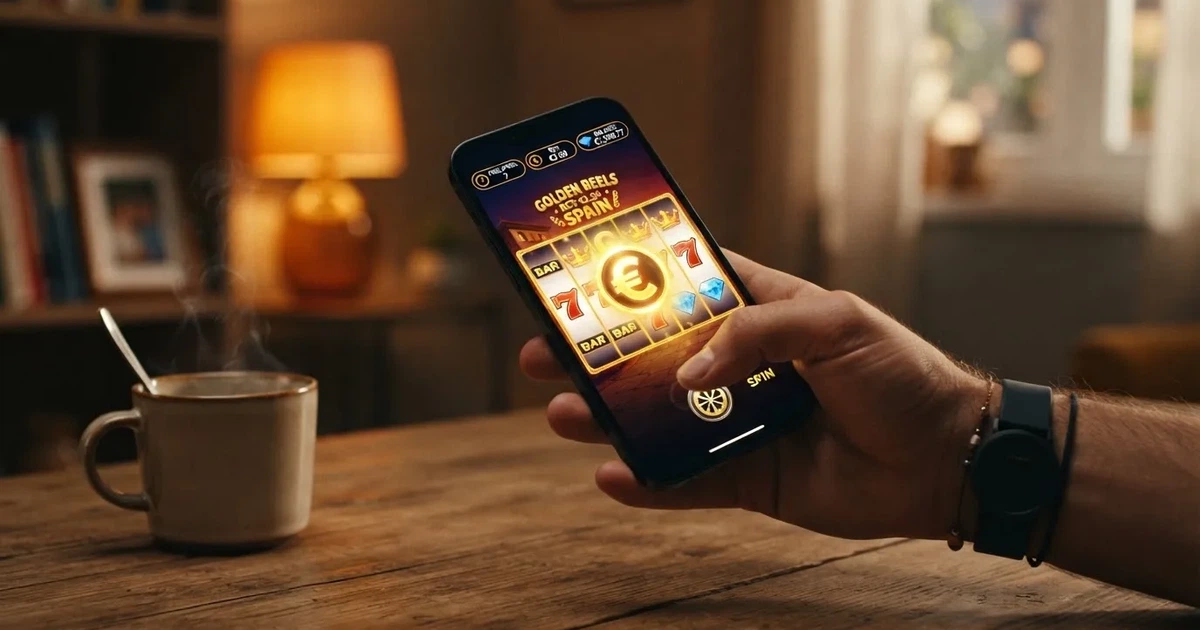 Una mano sujetando un móvil con una tragaperras de casino en pantalla, rodeada de iconos de giros gratis y el símbolo del euro