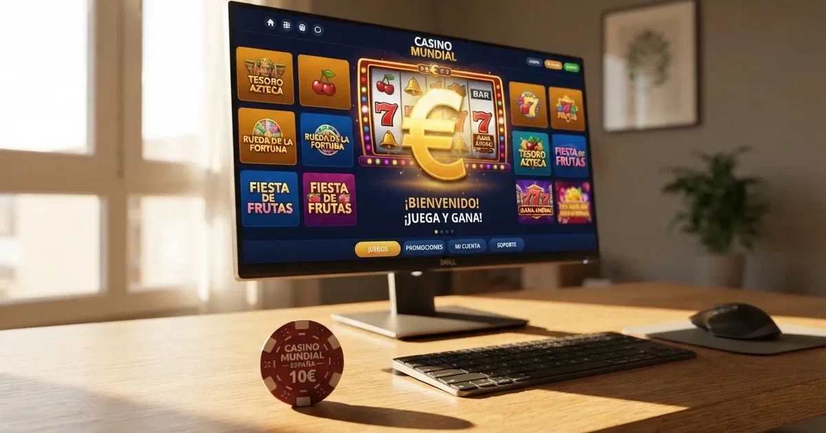 Pantalla de ordenador mostrando una lista de casinos online españoles con bono sin depósito y el logo de la DGOJ