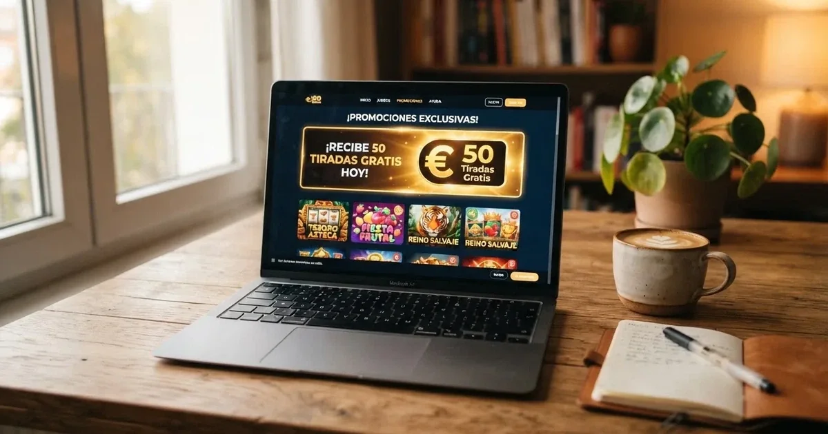 Pantalla de ordenador mostrando la página de promociones de un casino online español con tiradas gratis sin depósito
