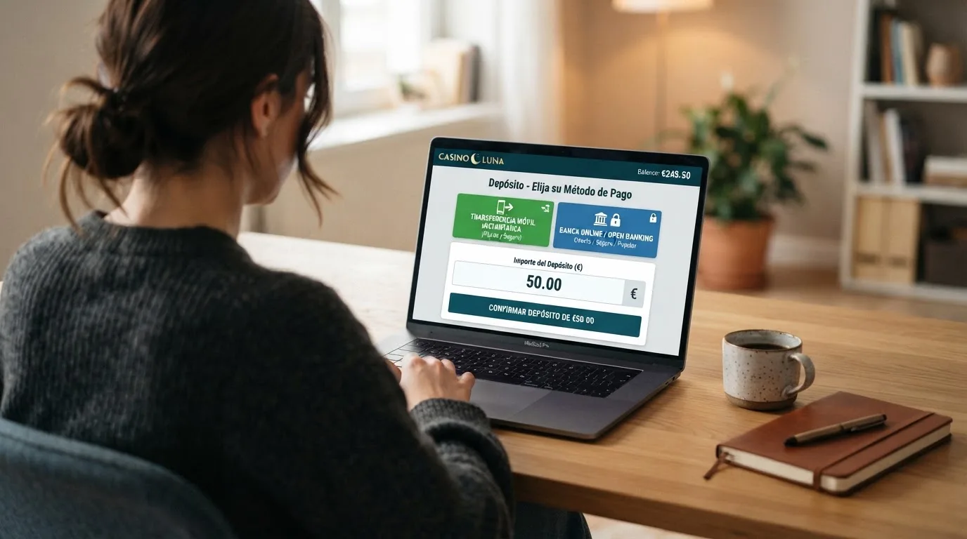 Pantalla de cajero de un casino online con licencia DGOJ donde se muestran las opciones de Bizum y Trustly como métodos de depósito disponibles