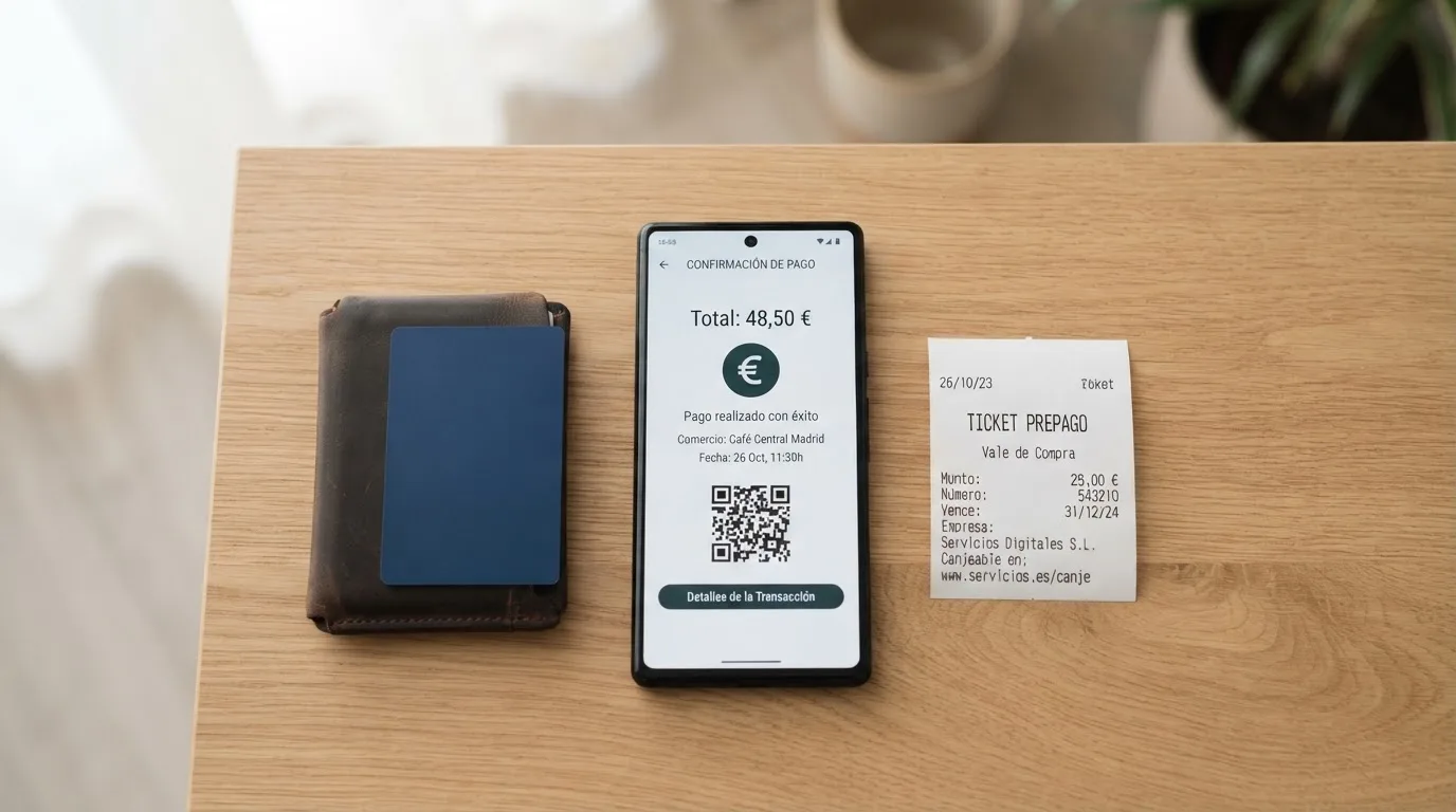 Un primer plano de una cartera con tarjeta bancaria, un móvil con la interfaz de Bizum y un comprobante de PaysafeCard, sobre el fondo de la pantalla de caja de un casino