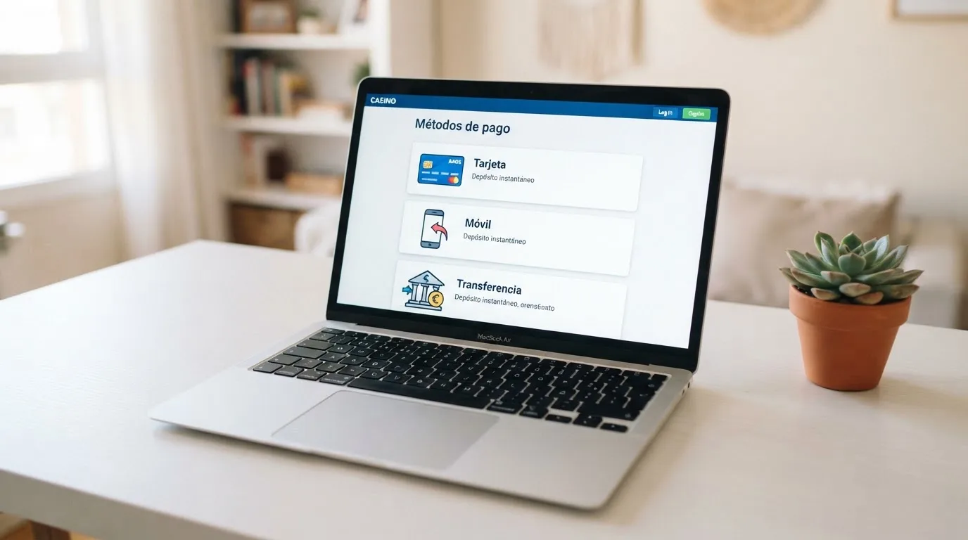 Pantalla de cajero de un casino online español con los métodos de depósito disponibles: Bizum, tarjeta y transferencia