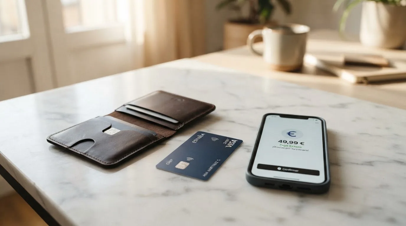Cartera digital, tarjeta bancaria y un móvil mostrando la pantalla de depósito con los sí mbolos de Visa, PayPal y Bizum