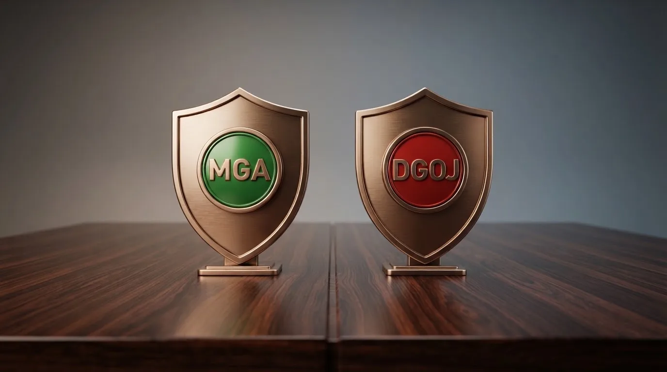 Dos escudos regulat orios frente a frente: el sello de la MGA a la izquiera y el de la DGOJ a la derecha, separados por una línea