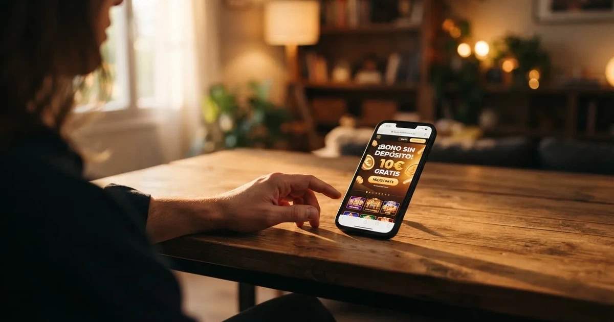 Pantalla de bienvenida de un casino online español con oferta de bono sin depósito y el dominio .es visible en la barra del navegador