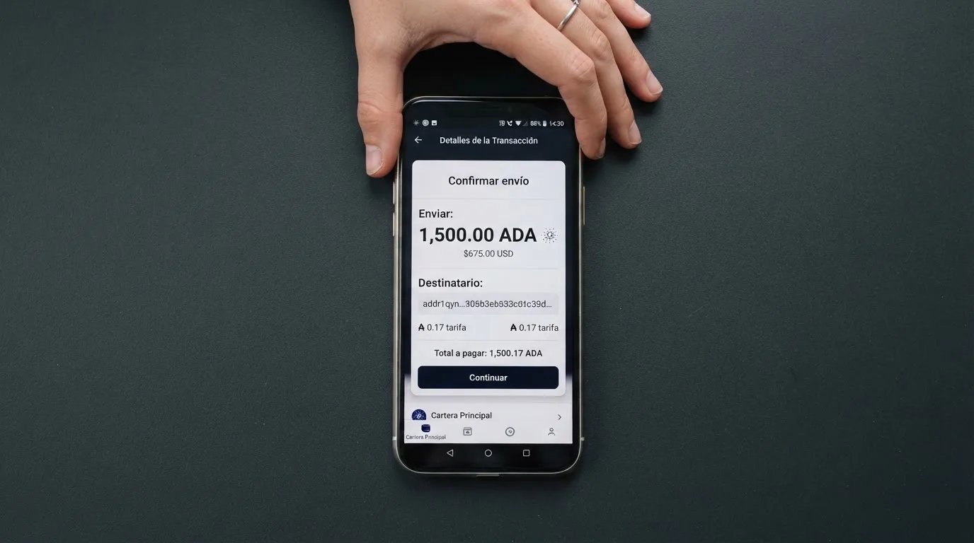 Interfaz de una wallet de Cardano mostrando una transacción de ADA hacia una dirección de casino con el prefijo addr1