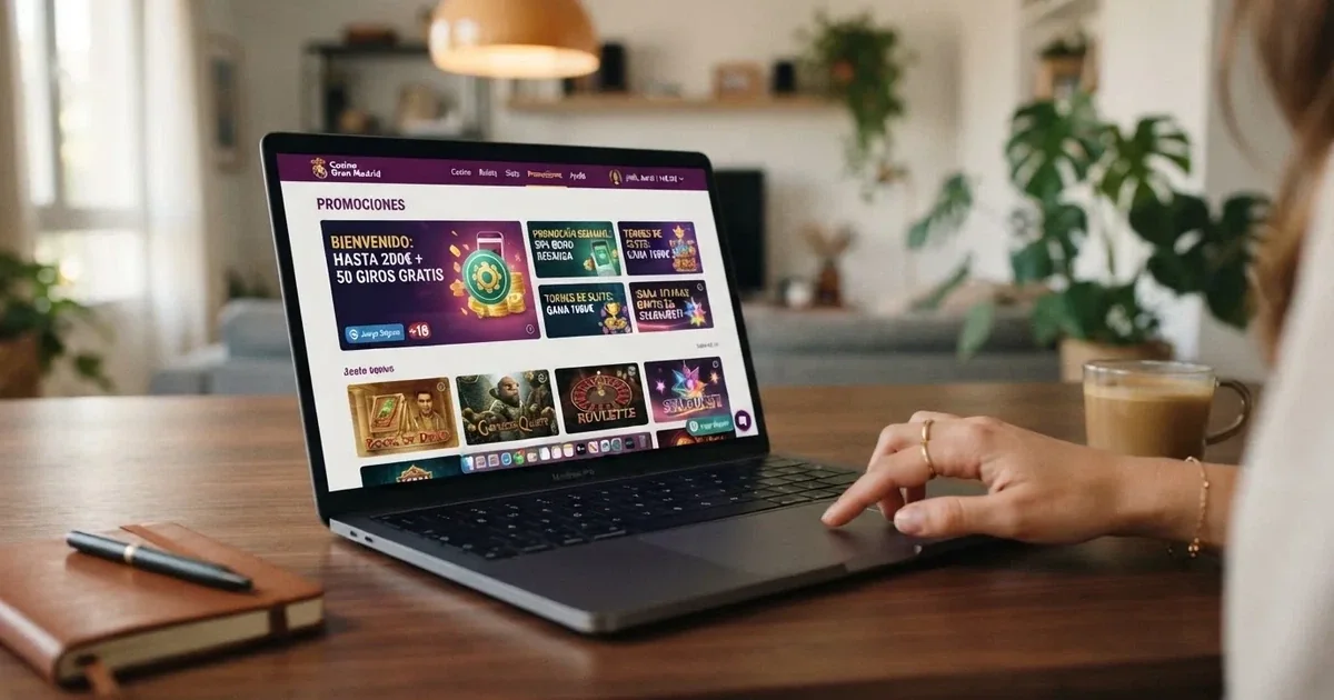 Interfaz de un casino online español con licencia DGOJ mostrando su sección de promociones activas, con banners de bono de bienvenida y tiradas gratis visibles
