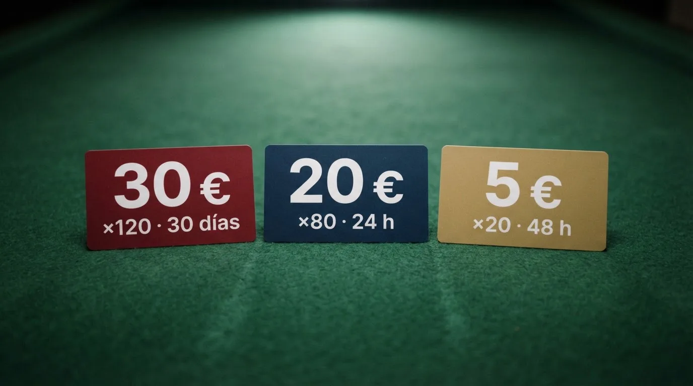 Comparativa visual de tres bonos sin depósito con su importe, multiplicador de rollover y tiempo para liberarlo