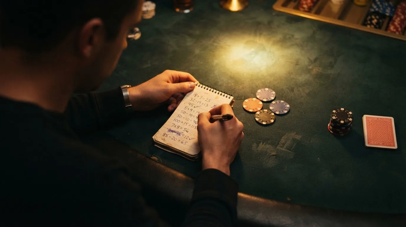 Una calculadora sobre una mesa de juego junto a fichas de casino, con anotaciones a mano de multiplicadores y cifras tachadas.
