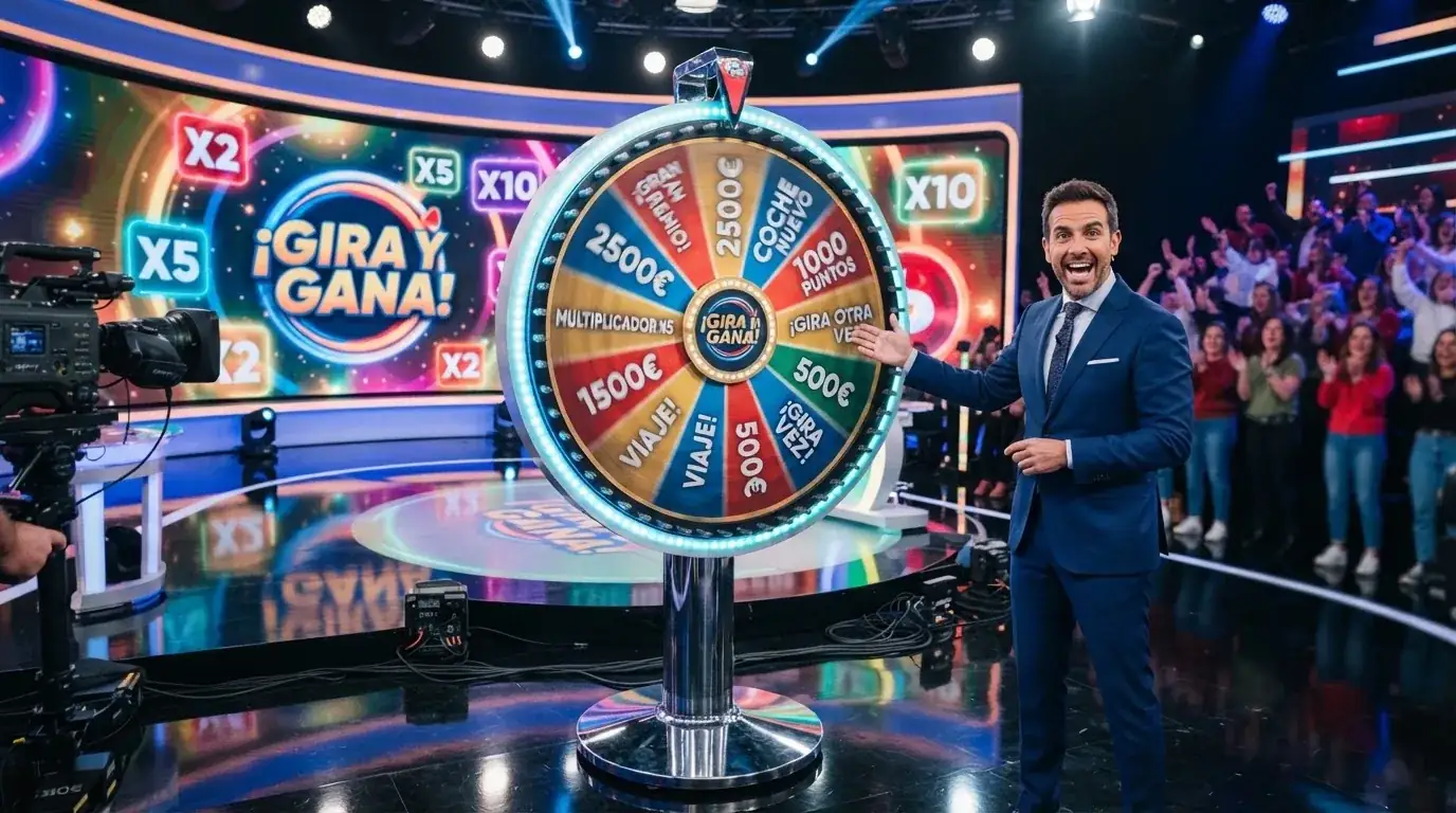 Ruleta vertical del game show Crazy Time de Evolution Gaming con el presentador en el estudio y marcadores de multiplicador iluminados