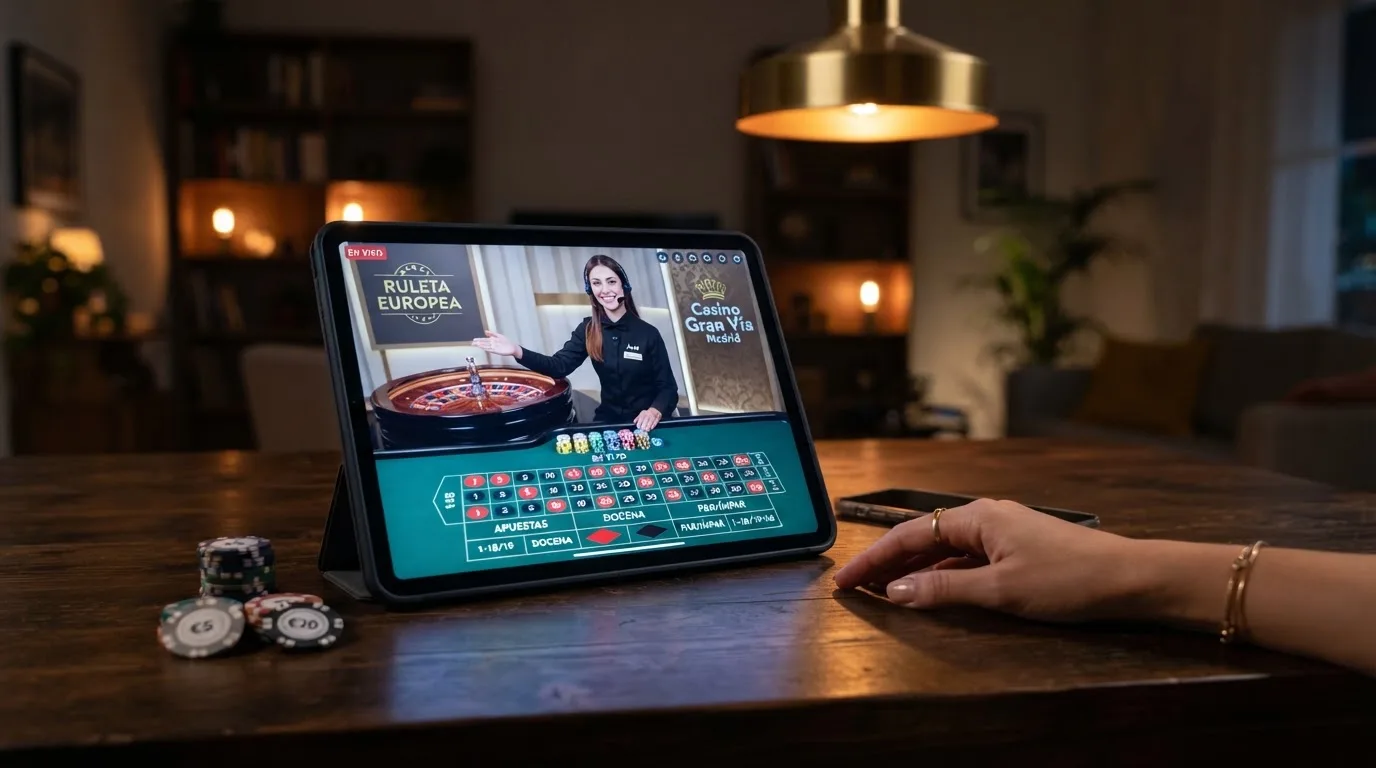 Mesa de ruleta en vivo con crupier real retransmitida en streaming, con la interfaz de apuestas del jugador superpuesta en pantalla