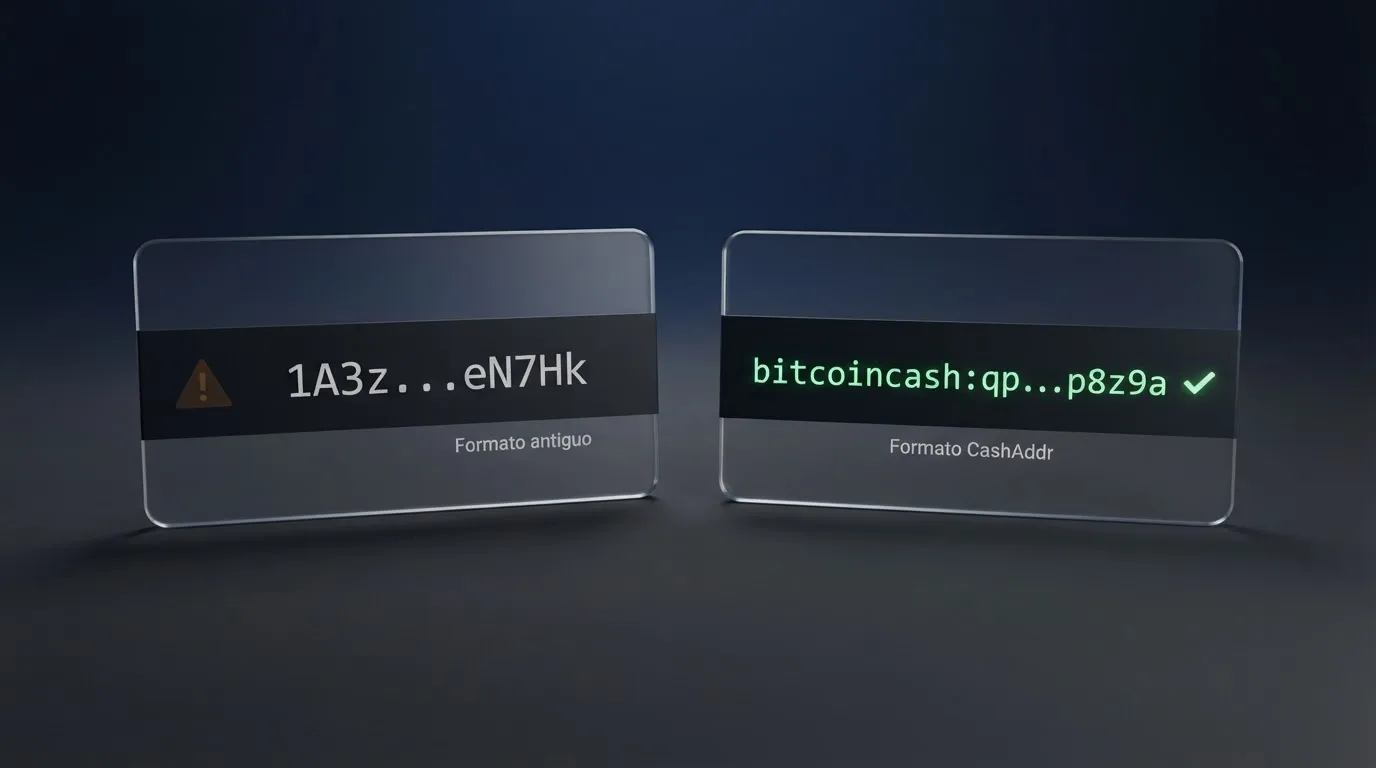 Comparativa visual de dos formatos de dirección: el formato legacy de BCH (hereda prefijos 1 y 3 de BTC) y el formato CashAddr moderno con prefijo bitcoincash: y detección de errores