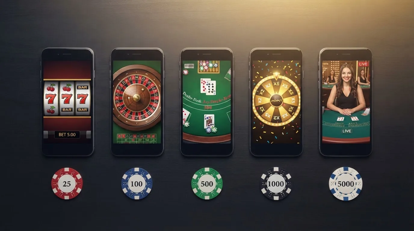 Vista cenital de una mesa con varios teléfonos mostrando distintas fichas de casinos con bono sin depósito, ordenados en forma de ranking visual