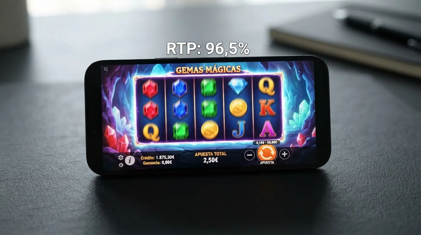 Primer plano de una pantalla de móvil mostrando los rodillos de una tragaperras con los botones de apuesta y el RTP visibles