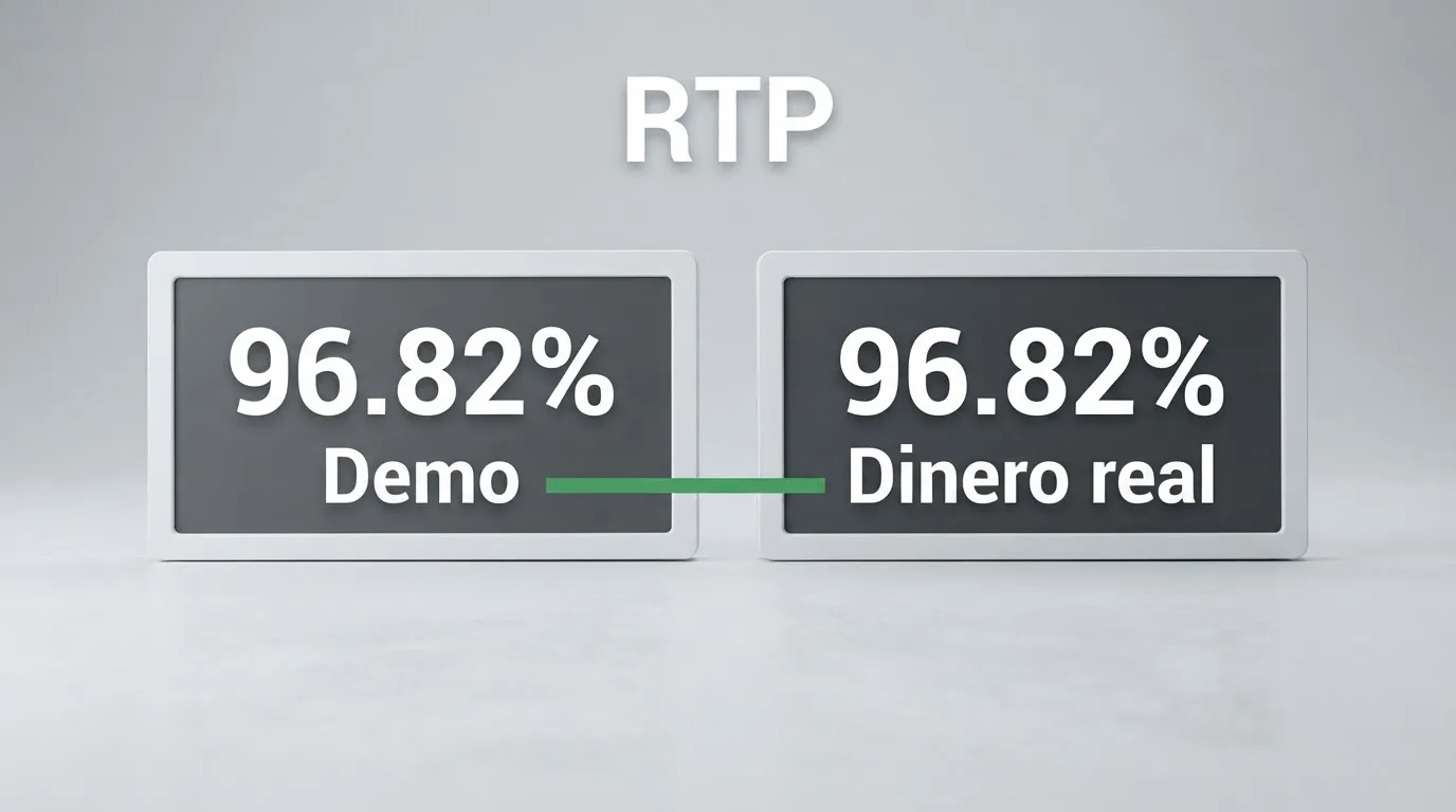 Captura de pantalla comparativa de la ficha técnica de una tragaperra en modo demo y en modo dinero real donde se vea que el RTP y la volatilidad son idénticos en ambas versiones