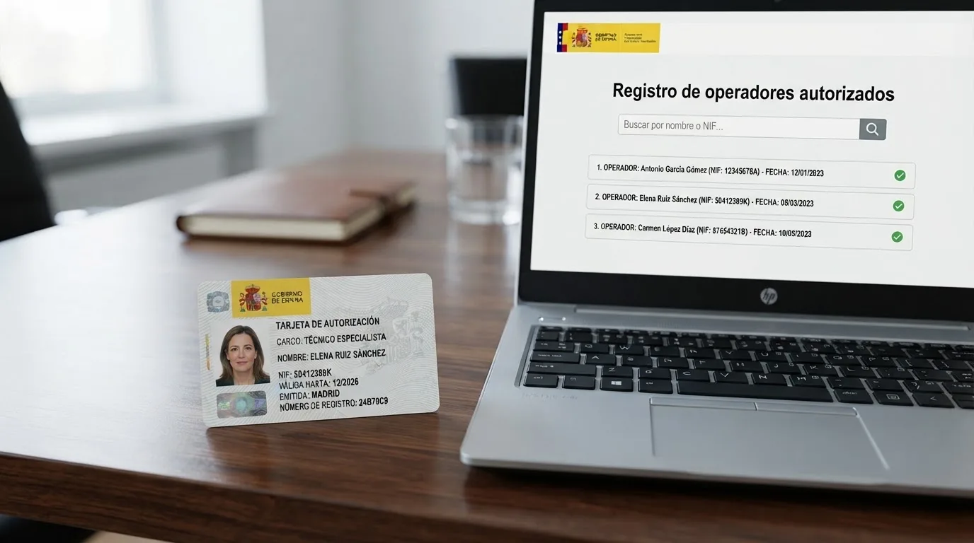 Un documento de identidad español (DNI) junto a una pantalla que muestra el portal de la DGOJ y el registro de operadores autorizados